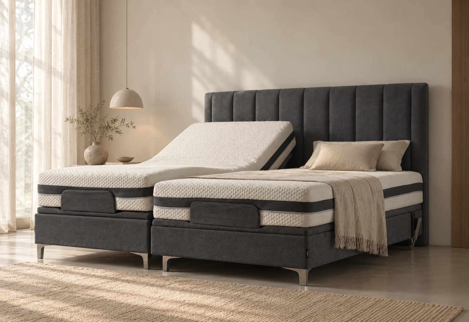 Adjustable bed in a warm wood bedroom